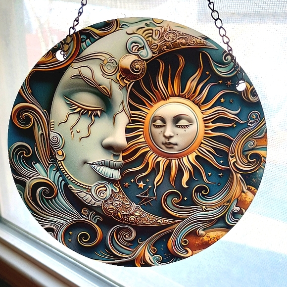 Moon and Sun Ying Yang style Glass Painted  Hanging Artwork w Chain - Picture 2 of 9